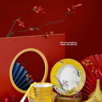 BỘ BÁT ĐĨA CAO CẤP PHƯỢNG HOÀNG MEN VÀNG